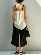 Beige Ruched Drawstring Cami & Black Wide-Leg Culottes Set