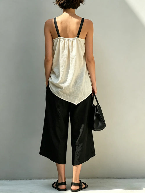 Beige Ruched Drawstring Cami & Black Wide-Leg Culottes Set