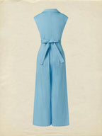 Cotton Jumpsuit , Cap Sleeves, V Neck, Plain, 3D Floral, French Vintage, Blue
