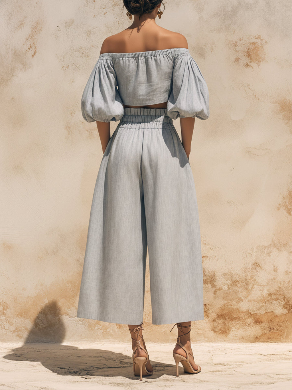 Off-the-Shoulder Puff Sleeve Linen Two-Piece Set