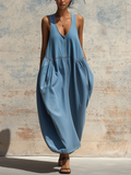 Light Blue Denim Sleeveless Bubble Hem Maxi Dress
