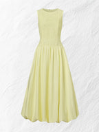 Midi Cotton Dress, Sleeveless, Round Neck, Plain, Lace, French Vintage, Light Yellow