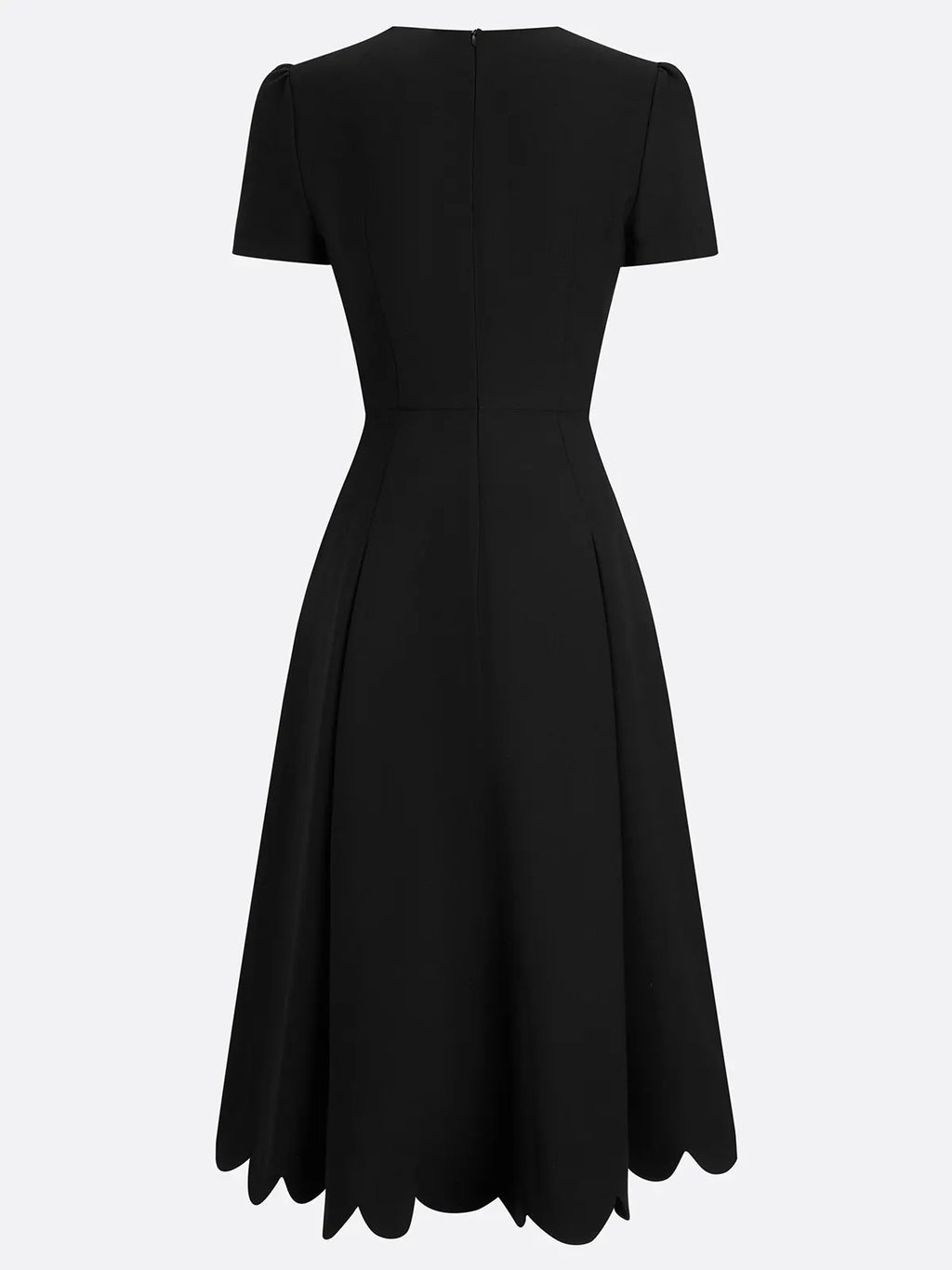 Black Asymmetric Classic Scalloped Square Neck Short Sleeve A-Line Midi Dress