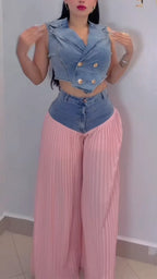 Denim Vest & White Pleated Wide Leg Pants Two Piece Set