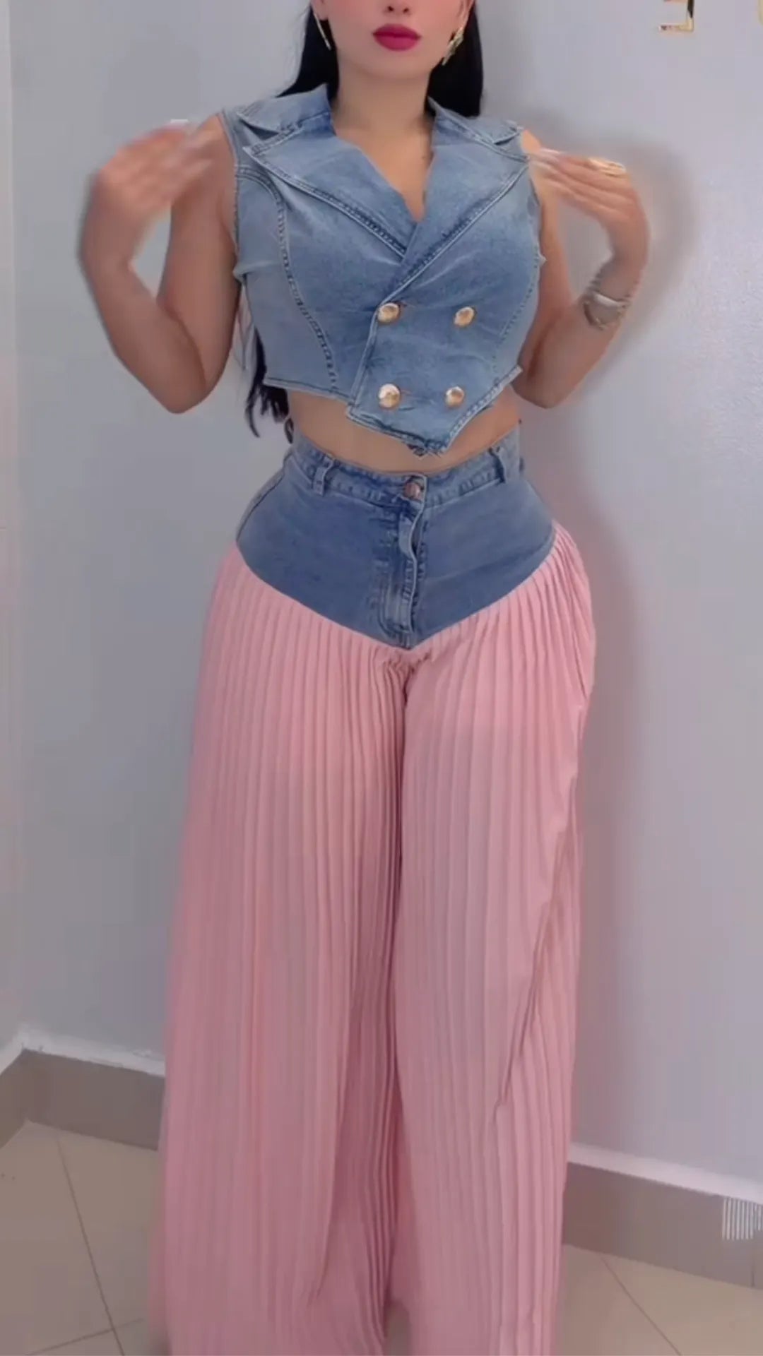 Denim Vest & White Pleated Wide Leg Pants Two Piece Set