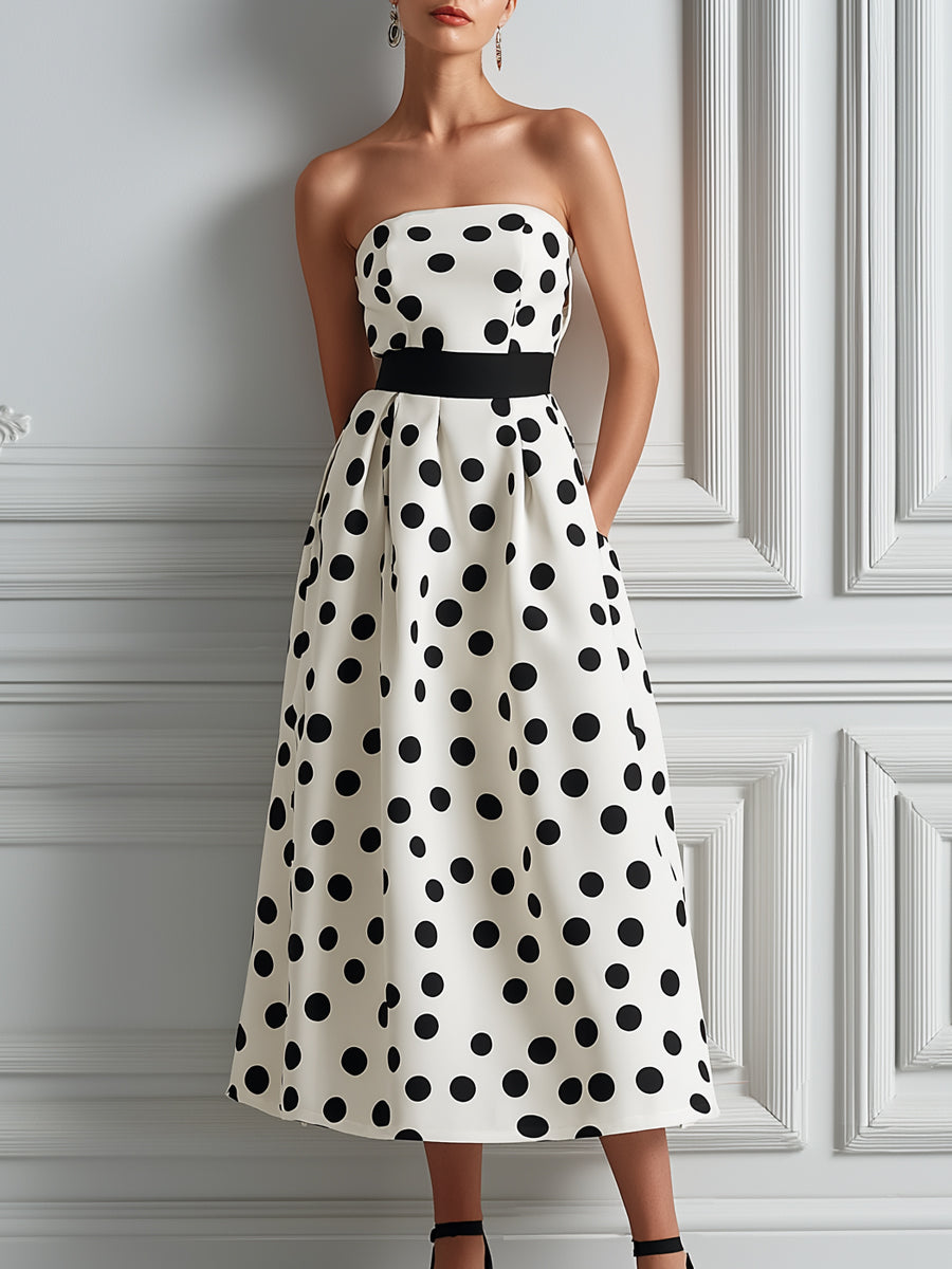 Black & White Polka Dot Strapless A-Line Midi Dress