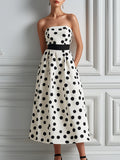 Black & White Polka Dot Strapless A-Line Midi Dress