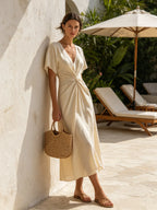 Cream Linen-Blend Twist-Front V-Neck Flutter Sleeve Midi Dress