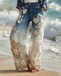 Summer Vacation Gradient Lace Floral Embroidery Denim Splicing Mesh Pants 4980