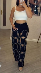 Rhinestone Cutout Wide Leg Jeans