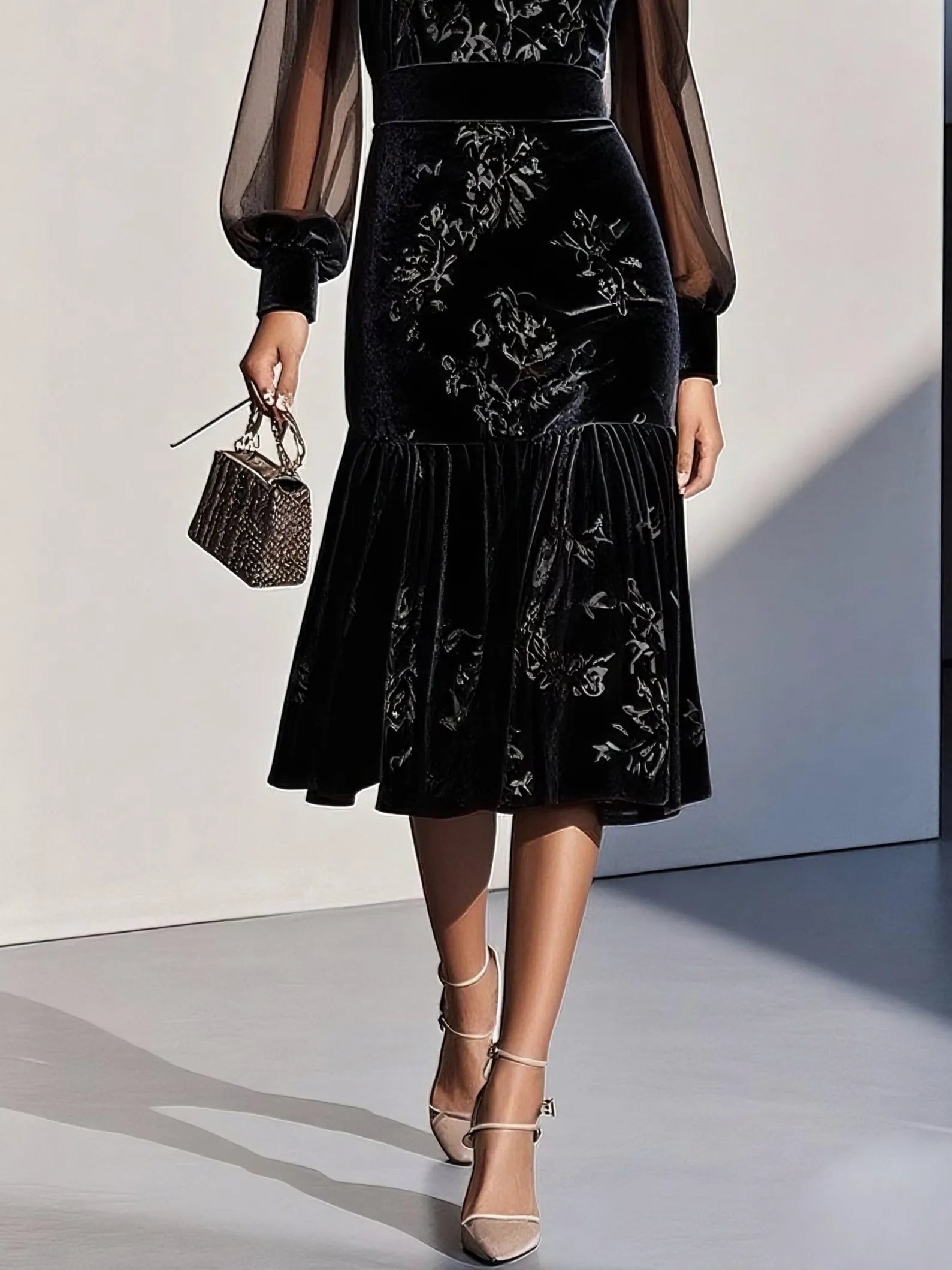 Black Mesh Jacquard Velvet Crew Neck Long Sleeve Balloon Sleeve Mermaid Midi Dress
