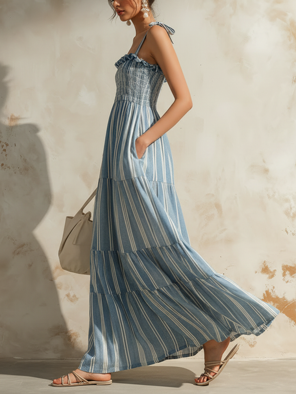 Blue Striped Linen Smocked Tiered Maxi Dress