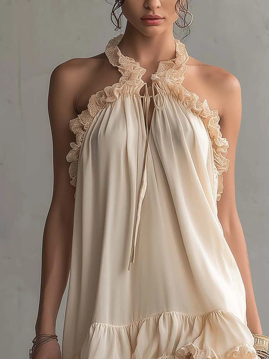 Beige Ruffled Trim Patchwork Chiffon Mini Dress