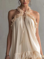 Beige Ruffled Trim Patchwork Chiffon Mini Dress