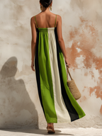 Color-Block Linen-Blend Strapless Maxi Dress