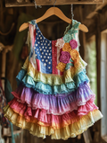 Summer romantic rainbow color ruffle lace patchwork top 314a