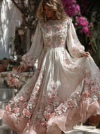 Women's Greece Vacation Greek Key With Floral Print Long Sleeve Dress