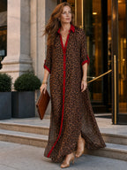 Effortless Glam Sheer Leopard Deep-V Belted Brown Shirt Maxi Dress