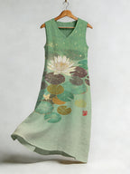 Lotus Flower Japanese Art Flowy Linen Midi Dress