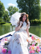 Linen Maxi Dress, Balloon Sleeve, Shawl Collar, Floral, Vintage, White