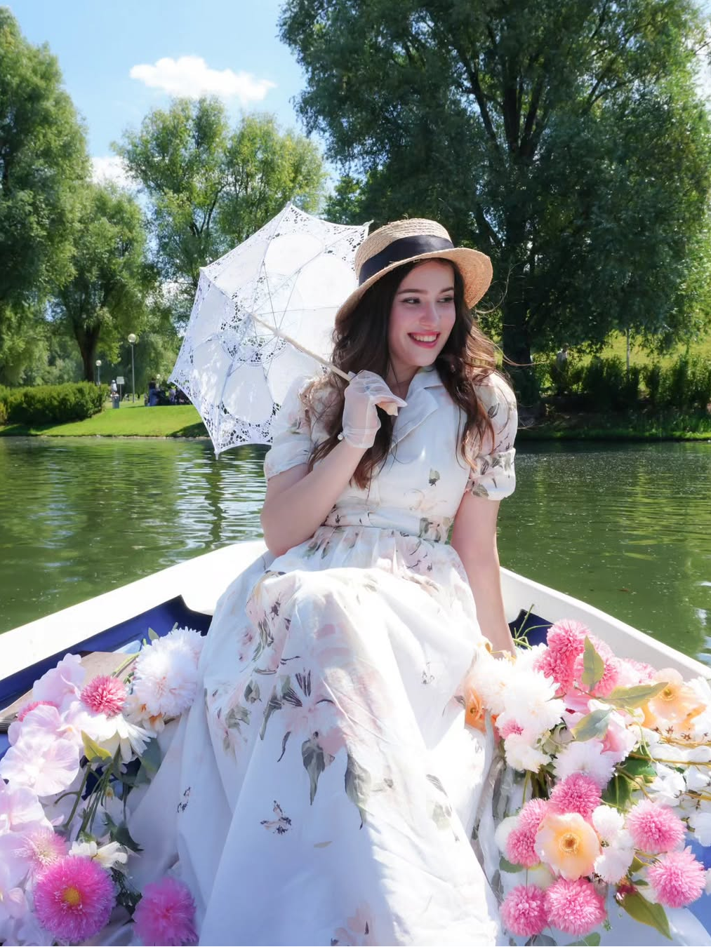 Linen Maxi Dress, Balloon Sleeve, Shawl Collar, Floral, Vintage, White