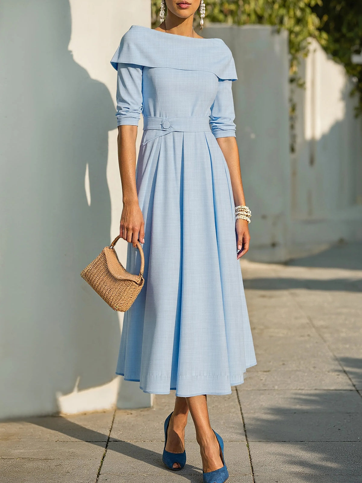 Midi Cotton Dress , Long Sleeves, Off Shoulder, Plain, Belt Design, French Vintage, Sky Blue