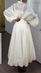 White Puff Sleeve Organza V Neck Belted Midi Balloon Dress