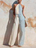 Two-Tone Striped Halter Neck Linen Jumpsuit With Belted Waist