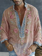 Men's Vintage Spring Floral Embroidered Art Print Flowy Linen Blend Casual Shirt