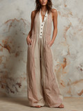 Striped Linen-Cotton Halter Wide-Leg Jumpsuit