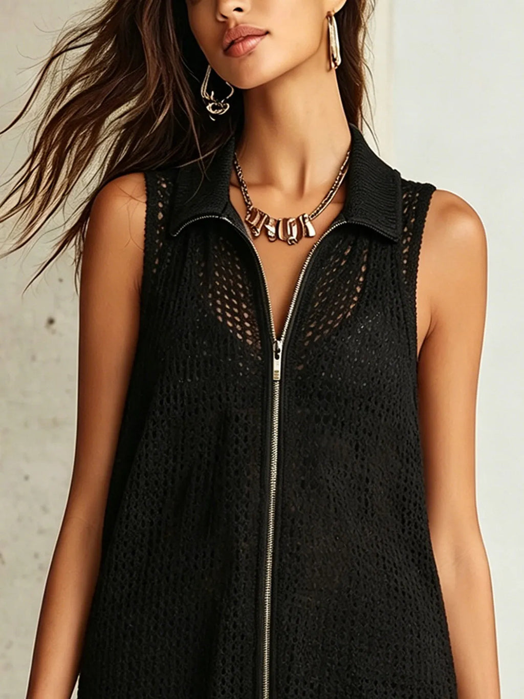 Black Knit Zip-Front Fringe Mini Dress