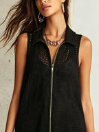 Black Knit Zip-Front Fringe Mini Dress