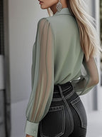 (sale)Chic Timeless Sheer Sleeve Button-Up Shirt
