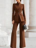 Sophisticated  High-Collar Blazer & Wide-Leg Trousers Set