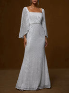 Silver Rhinestone Sequin Square Neck Three Quarter Sleeve Sheath Gown Dress