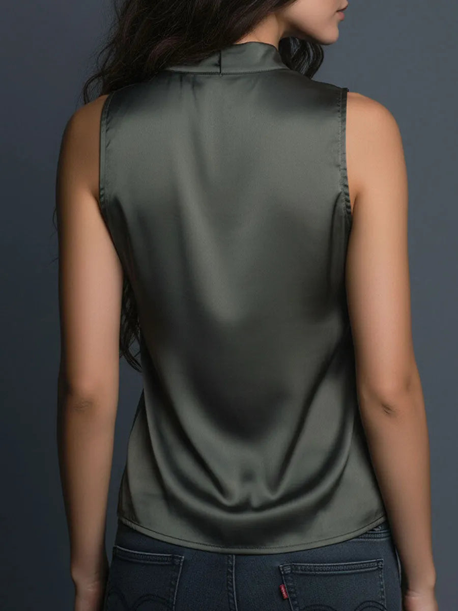 High Collar Olive Satin Lace Trim Sleeveless Blouse