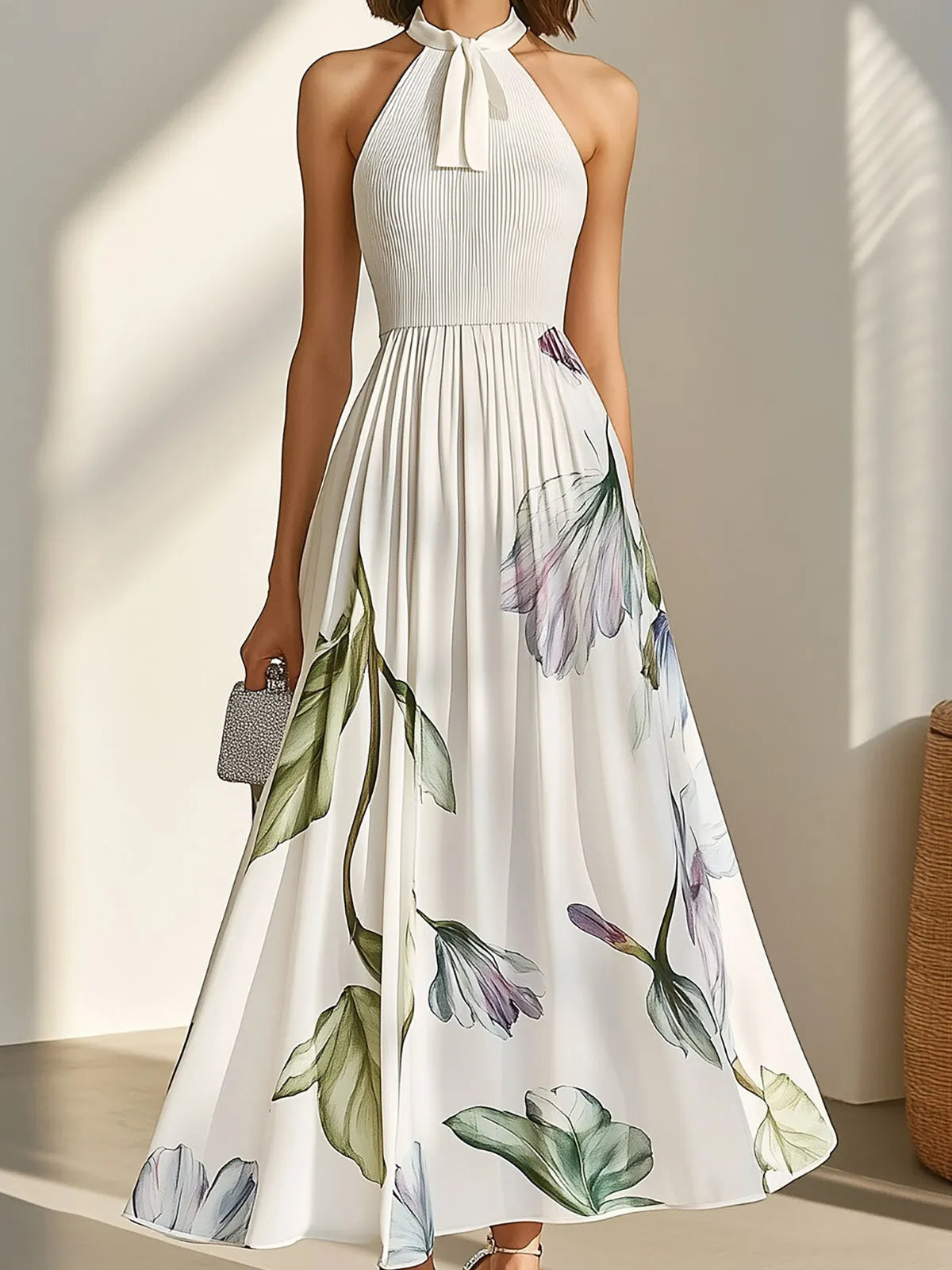 Floral Print Sleeveless Pleated Dress with Tie-Neck Detail