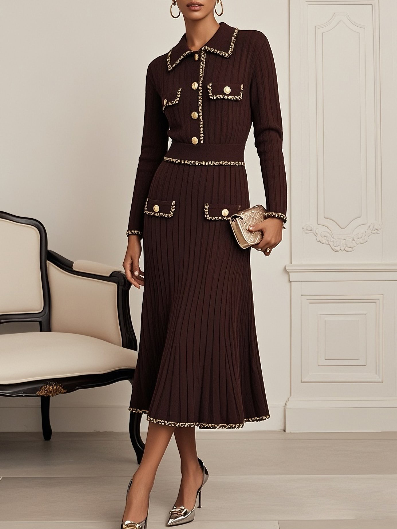 Red Brown Piping Buckle Sweater Lapel Collar Long Sleeve A-Line Midi Dress