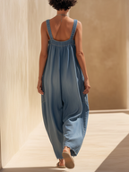Oversized Lightweight Denim Jumpsuit - Sleeveless Wide-Leg Romper With Frayed Hem
