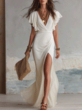 Elegant Boho Wrap Maxi Dress With Ruffle Sleeves In Ivory