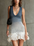 Blue And White V-Neck Mini Dress With Lace Ruffle Hem