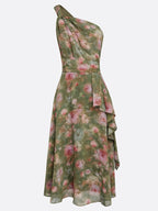Green Floral Ruched Chiffon One Shoulder Sleeveless A-Line Midi Dress