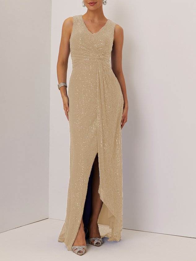 Blue Ruched Sequin V Neck Sleeveless A-Line Maxi Mother of the Bride or Groom Dress