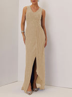 Blue Ruched Sequin V Neck Sleeveless A-Line Maxi Mother of the Bride or Groom Dress