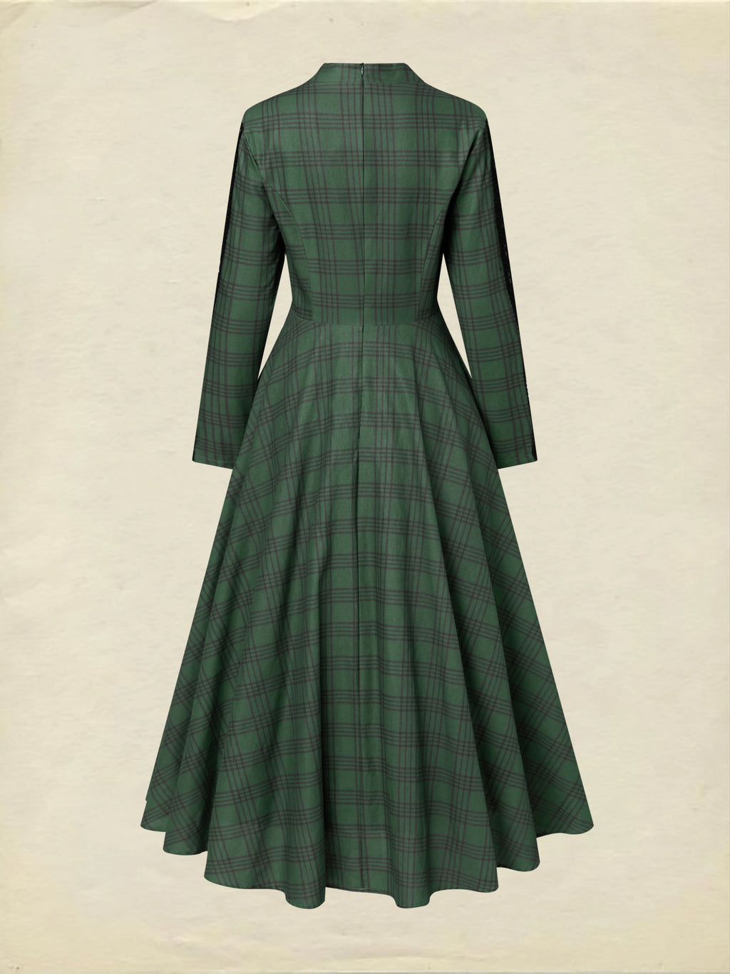 Maxi Linen Dress, Long Sleeves, V Neck, Plaid, Lace, Vintage, Deep Green