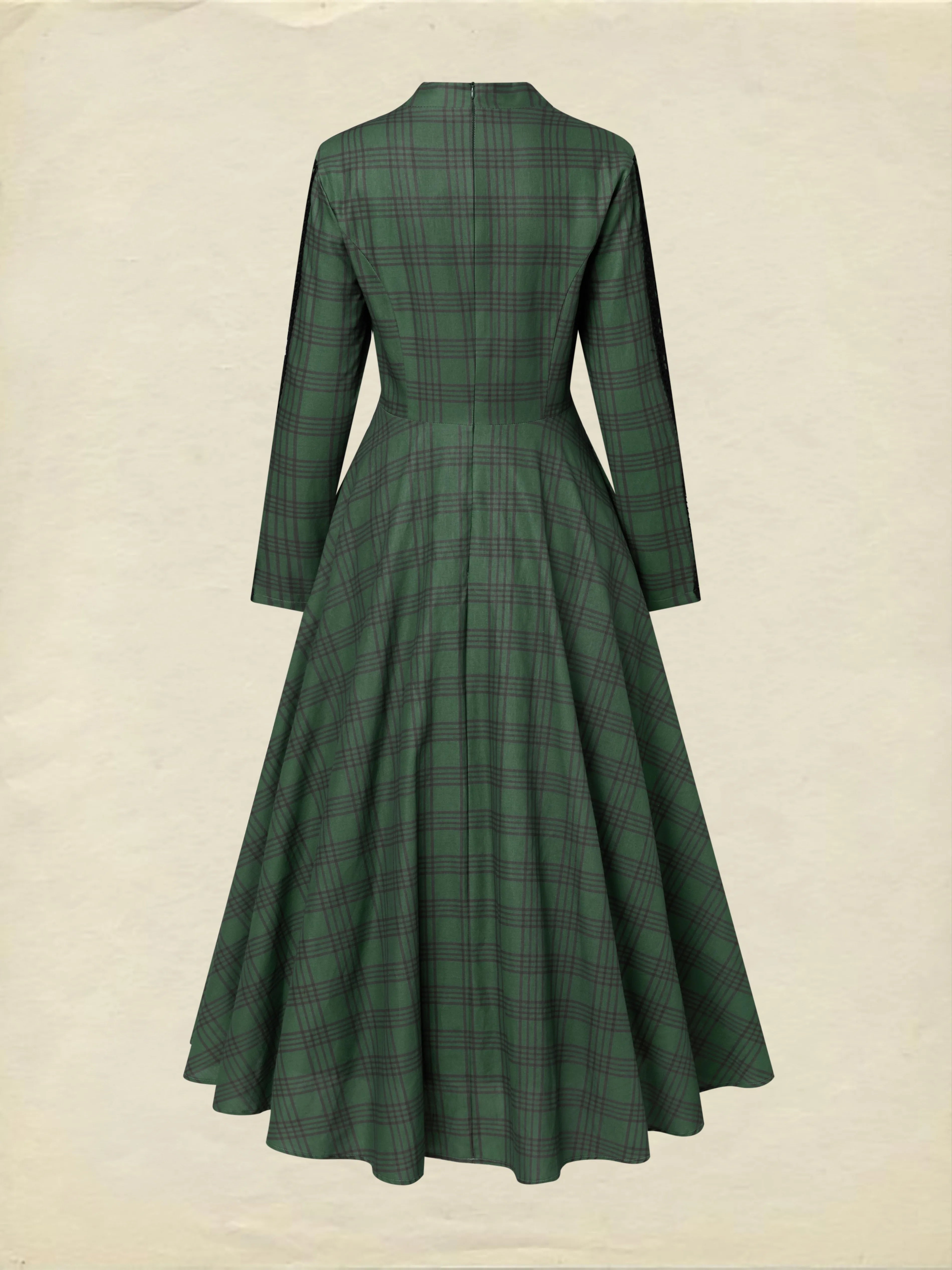 Maxi Linen Dress, Long Sleeves, V Neck, Plaid, Lace, Vintage, Deep Green