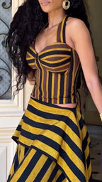 Bold Stripe Halter Corset Layer Maxi Skirt Matching Set