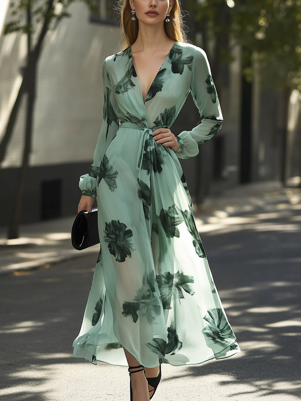 Elegant Mint Green Chiffon Floral Print Dress