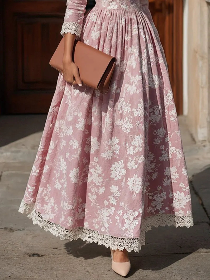 Maxi Linen Dress Set, Half Sleeve, Round Neck, Floral, Lace, Vacation, Vintage, Light Pink