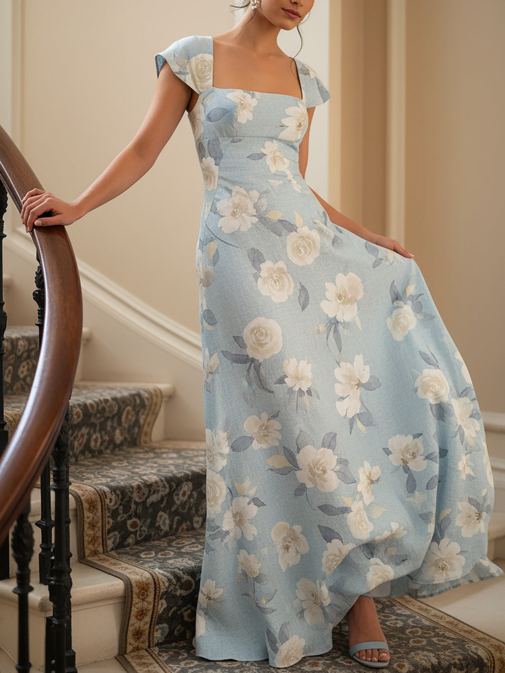 Maxi Linen Dress, Short Sleeves, Square Neck, Floral, Vintage, Blue